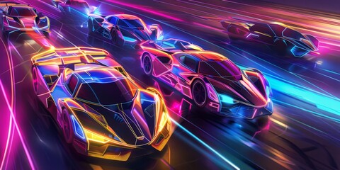 Cyberpunk race super cars with geometric neon designs holographic finish line