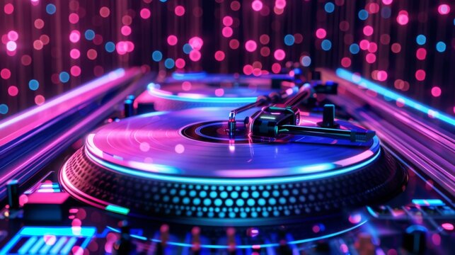 Disco technology fusion neon lights digital turntables futuristic party
