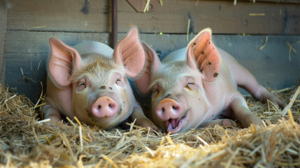 Two young pigs snuggled together in a clean strawlined pen one yawning and stretching its curly tail.