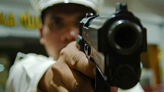Close up staring down the barrel of a pistol he Filipino security guard in a white uniform