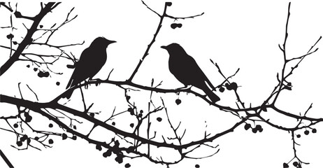 Two Silhouette birds on a tree branch on white background