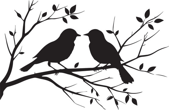 Two Silhouette birds on a tree branch on white background