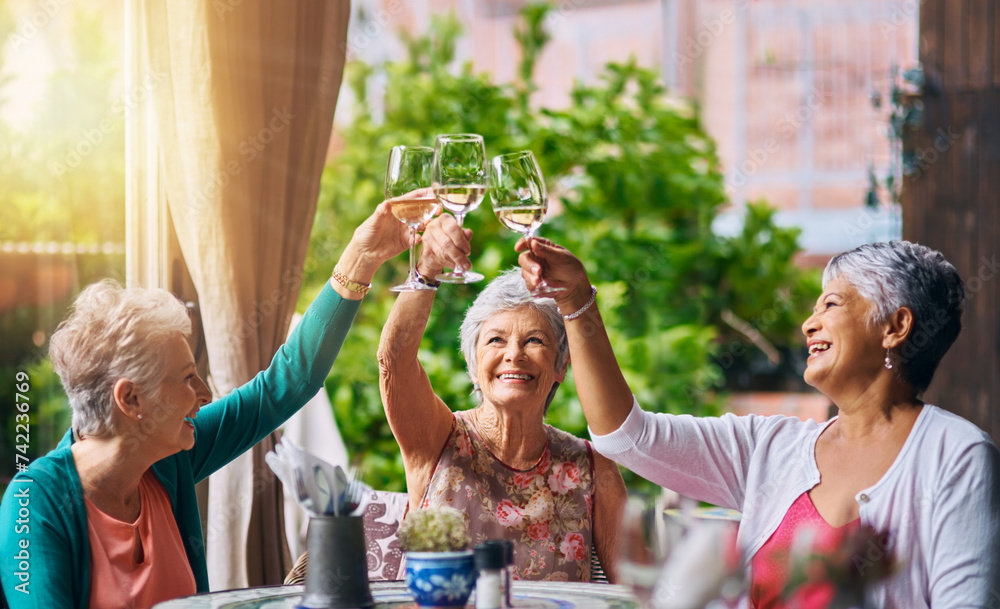 Poster Cheers, wine and elderly with friends in restaurant for bonding, lunch and relax. Retirement, hospitality and happiness with senior people with drink for social celebration, memory and support