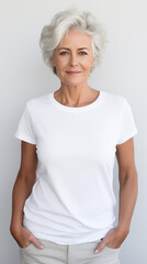 Mature woman models a white tee shirt, tshirt mockup stock image with a blank background, relaxed senior model