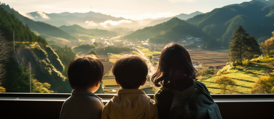 kids looking panorama nature from train window. vacation travel concept background