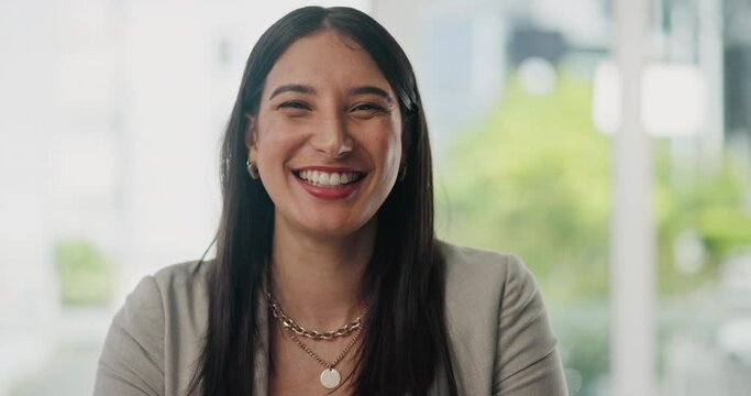 Happy, face and professional woman confident in real estate work, property developer career or vocation. Business, office portrait and realtor smile for job experience, agency or services with pride