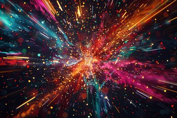 Colorful explosion of digital pixels in light pattern. Perspective. Abstract virtual cyberspace data stream. Futuristic background, beautiful