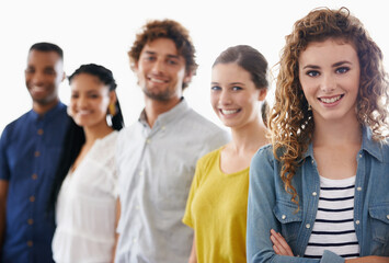 Obraz premium Happy, portrait and team of business people in studio with collaboration, diversity or unity. Smile, pride and group of young employees with positive, good and confident attitude by white background.