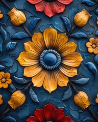Seamless traditional ethnic wallpaper adorned with bold floral patterns in vibrant primary colors