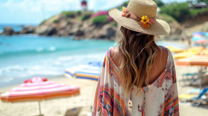 Surfer Chic Romance Flowy coverup over a finished off with a widebrimmed straw hat. A dreamy look for a sunset cruise or a romantic walk along the beach. Background A secluded
