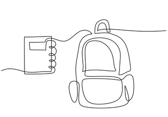 Continuous one line drawing. School bag with books. Education back to school concept.