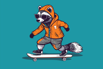raccoon playing skateboard vector illustration - obrazy, fototapety, plakaty