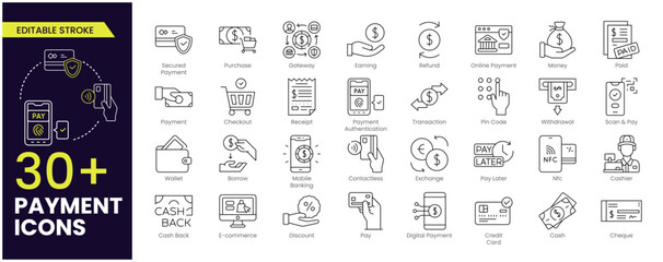 Payment Editable Stroke icon set. Business and finance payment collection with money, banking, credit card, exchange, cash and transaction symbol. Editable Outline line icons.