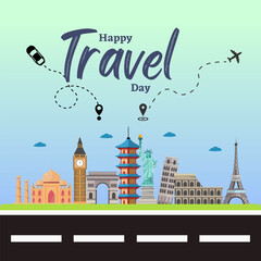 Obraz premium Happy travel day, travel to World. Road trip. Tourism. Landmarks on highway. Concept website template, banner, poster, card, retail or shop. Vector illustration.