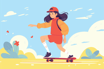 cute girl playing skateboard vector illustration