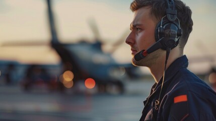 A focused air traffic controller in a navy blue jumpsuit communicating with pilots through a headset as planes take off and land in the background.