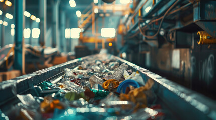 A close up of a recycling machine sorting plastic waste in a recycling factory - obrazy, fototapety, plakaty