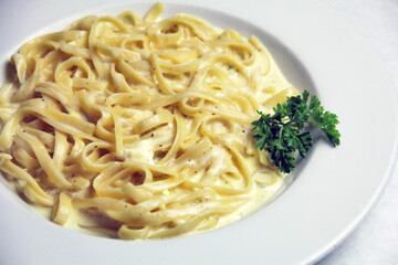 Fettuccine Alfredo Italian Restaurant Food Pasta White Dish Upper View