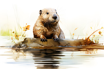 Picture draw by watercolor of Beaver to find food on a natural background. Realistic animal clipart template pattern. Background Abstract Texture. Work of art.	