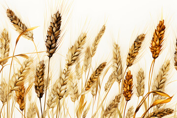 Picture draw by watercolor of golden yellow wheat ears. Horizontal wheat ears on white background as package design element. Realistic clipart template pattern.