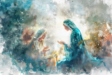 Annunciation to the Blessed Virgin Mary, watercolor illustration