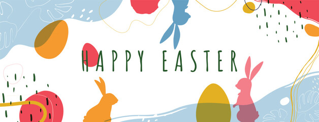 Happy Easter Banner with Rabbits and Eggs
