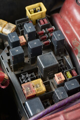 fuse box, panel or block in a car, located in engine compartment, protect vehicle electrical...
