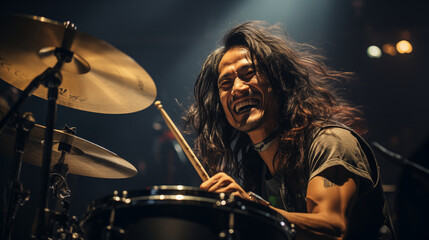 Fototapeta na wymiar Drum Beat: Candid Shot of Drummer on Stage, Capturing the Energy of Live Rock Performance