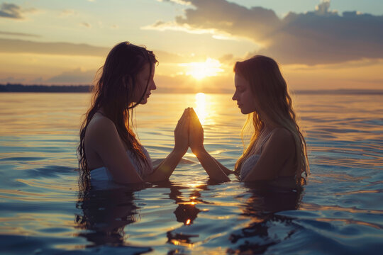 Baptism. Portrait of two young woman praying in the water at sunset