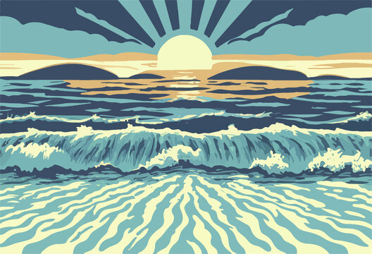 Sun rising over waves moving to shore, done in a graphic art style in limited muted colors 