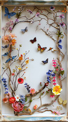Spring season. Flowers branches on the wall with butterflies
