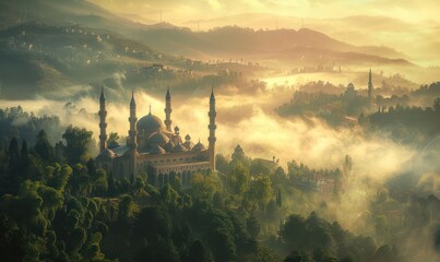 An ancient mosque perched atop a hill, overseeing a mist-filled valley during the serene blue hour of early morning - obrazy, fototapety, plakaty