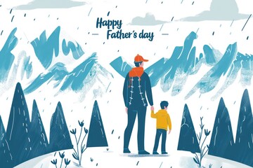 father and son enjoying at the mountain copy space banner, fathers day banner with copy space, cute kid and father enjoying peace at the mountains - obrazy, fototapety, plakaty