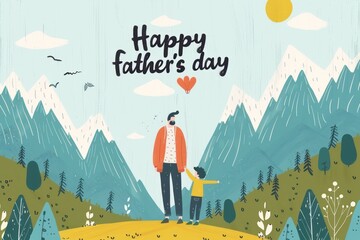 father and son enjoying at the mountain copy space banner, fathers day banner with copy space, cute kid and father enjoying peace at the mountains