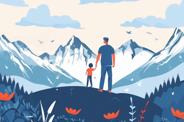 father and son enjoying at the mountain copy space banner, fathers day banner with copy space, cute kid and father enjoying peace at the mountains