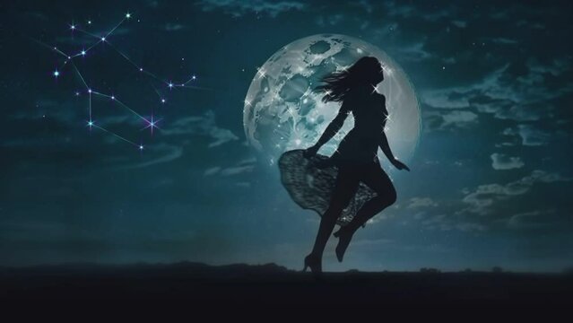 Beautiful woman dancing in the middle of a full moon night