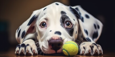 Adorable Dalmatian Puppy Chewing on Tennis Ball