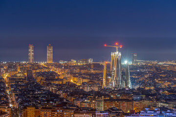 The skyline of downtown Barcelona with the Sagrada Familia at night