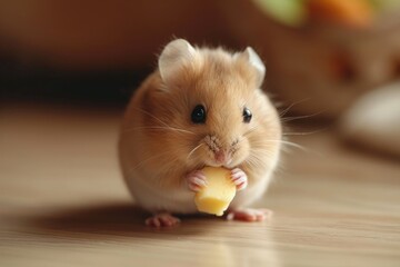 A hamster happily munches on a piece of fruit while on the floor, An adorable hamster nibbling on a tiny piece of cheese, AI Generated