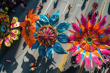 A diverse group of people walking down the street while colorful kites soar above them, An aerial view of a colorful parade, AI Generated