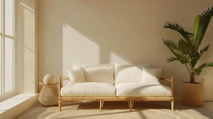 a lounge room with a white sofa, beige living room, wicker furniture and potted plant, contrasting shadows, minimalist abstracts, minimalist staging, light brown interior concept.