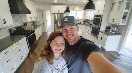 A family smiles for a selfie in front of their newly installed kitchen cabinets a testament to the teamwork and love that brought their vision to life.