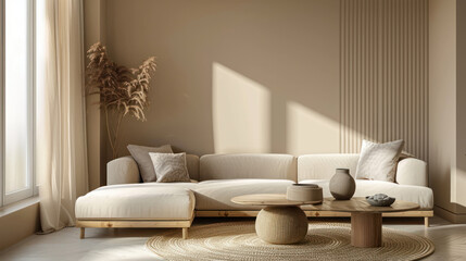 Fototapeta na wymiar a modern living room, in the style of naturalistic shadows, matte background, light brown and light beige, realistic rendering, nature inspired