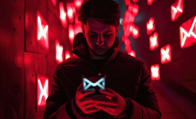 Fototapeta na wymiar man holding phone where email is displayed, cyber crime concept.