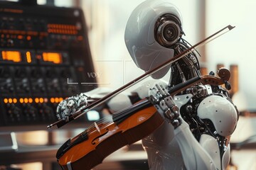 A robot skillfully plays the violin in front of a radio, showcasing its musical abilities, An android playing an ancient human wooden instrument in a high-tech music studio, AI Generated