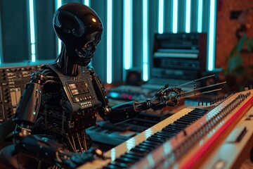 A robot musician playing a keyboard in a professional recording studio, An android playing an ancient human wooden instrument in a high-tech music studio, AI Generated - obrazy, fototapety, plakaty