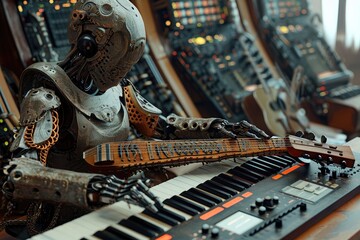 A robot is seen in a music studio, skillfully playing a keyboard, An android playing an ancient...