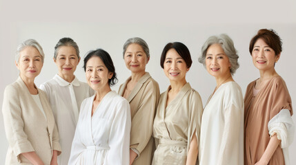 Fototapeta premium Beauty image of a group of middle aged Japanese women wearing natural color outfits Skin care Cosmetics