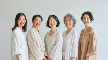 Beauty image of a group of middle aged Japanese women wearing natural color outfits Skin care Cosmetics