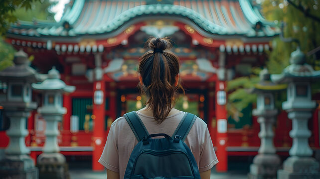Woman Traveling with Backpack in Japanese-Inspired Temple